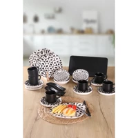 Keramika Black And White Tetra Kare-Yuvarlak Desenli 25 Parça 6 Kişilik Seramik Kahvaltı Takımı Beyaz-Siyah