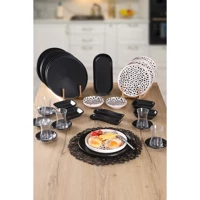 Keramika Black And White Love Yuvarlak Desenli 33 Parça 6 Kişilik Seramik Kahvaltı Takımı Beyaz-Siyah