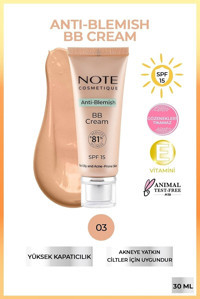 Note Anti-Blemish No: 03 Tüm Ciltler İçin Suya Dayanıklı Sivilce Yapmayan Işıltılı BB Krem Koyu Ton