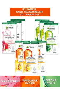 Garnier 3'ü 1 Arada Seti Nemlendiricili Kağıt Yüz Maskesi 9 Adet