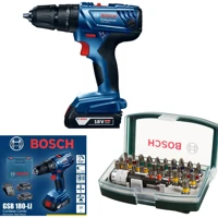 Bosch GSB 180-Li 18 V 2 Ah Kömürsüz Darbeli Çift Akülü Vidalama Makinesi + 32 Parça Vidalama Ucu Seti