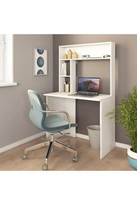 Aden Home Kitaplıklı 3 Raflı MDF Çalışma Masası Beyaz