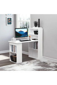 Aden Home Kitaplıklı Çift Raflı MDF Çalışma Masası Beyaz