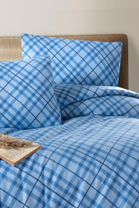Mulberry Pamuk Kışlık 160 x 220 cm Ekoseli Tek Kişilik Nevresim Takımı Mavi