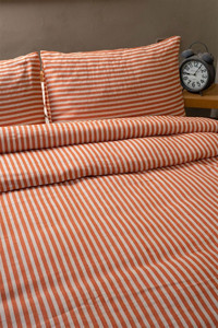 Vivamaison Keten Dört Mevsim 200 x 220 cm Çizgili Çift Kişilik Nevresim Takımı Turuncu