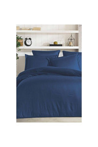 Mulberry Pamuk Saten Dört Mevsim 200 x 220 cm Çizgili Çift Kişilik Nevresim Takımı Lacivert