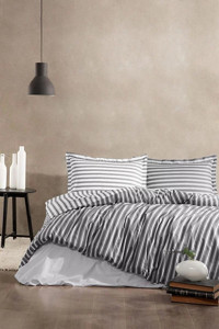 Özdilek Pamuk Kışlık 200 x 220 cm Çizgili Çift Kişilik Nevresim Takımı Antrasit