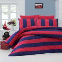 Komfort Home Ranforce Dört Mevsim 200 x 220 cm Şeritli Çift Kişilik Nevresim Takımı Kırmızı Lacivert