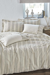 Ecocotton Keten Dört Mevsim 200 x 220 cm Şeritli Çift Kişilik Nevresim Takımı Yeşil