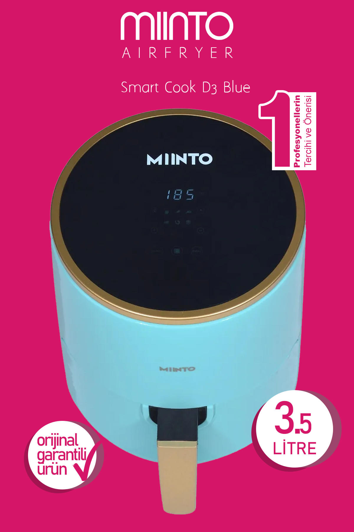 Minto Master Cook D3 Airfryer 3.5 lt Tek Hazneli Izgara Yapan Yağsız Sıcak Hava Fritözü Mavi