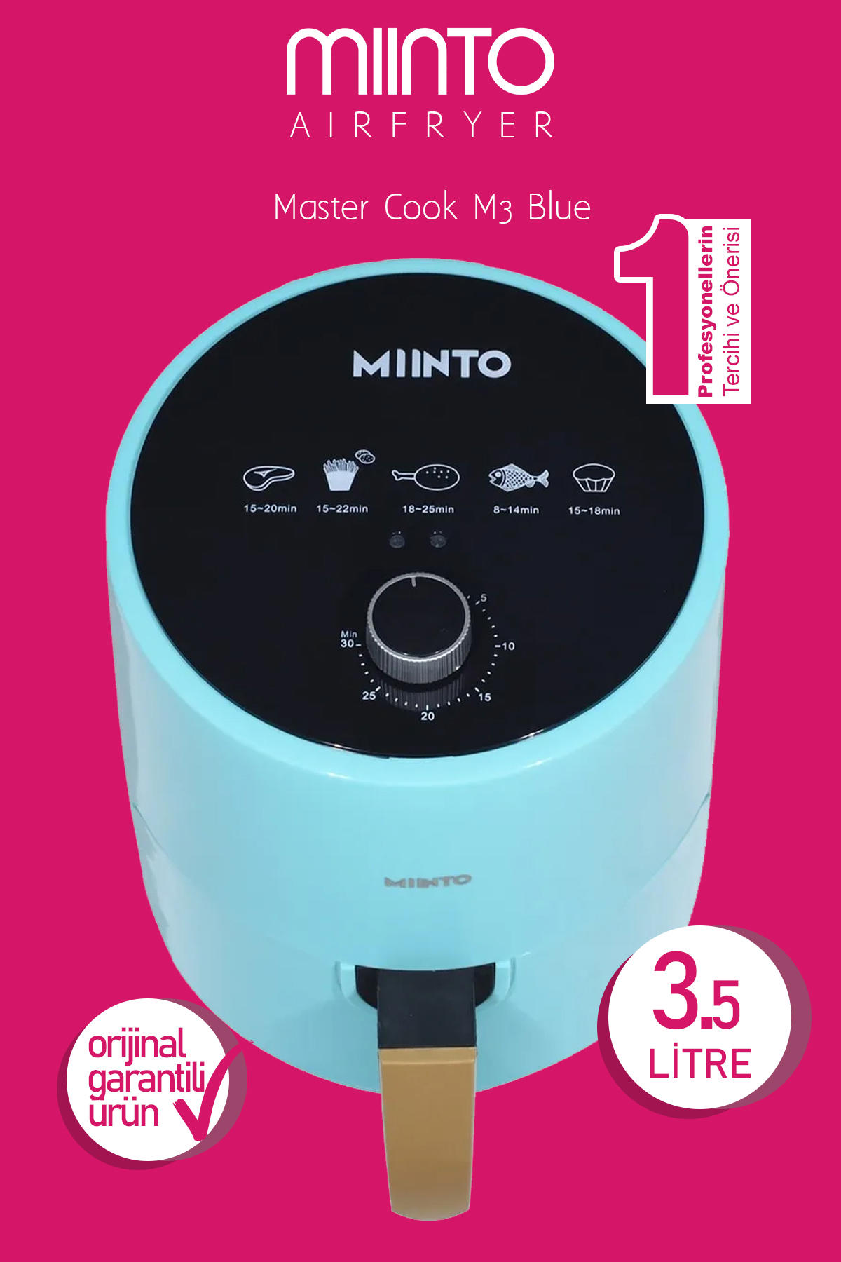 Minto Master Cook M3 Airfryer 3.5 lt Tek Hazneli Izgara Yapan Led Ekranlı Yağsız Sıcak Hava Fritözü Mavi