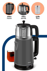 Fakir Temper Otomatik Çelik Demlikli 1650 W Işıklı Çelik Gövdeli Gri Retro Çay Makinesi