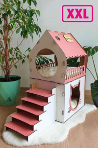 Mavi Trend Üçgen İki Katlı İç Mekan Ahşap Kedi Evi Beyaz Pembe