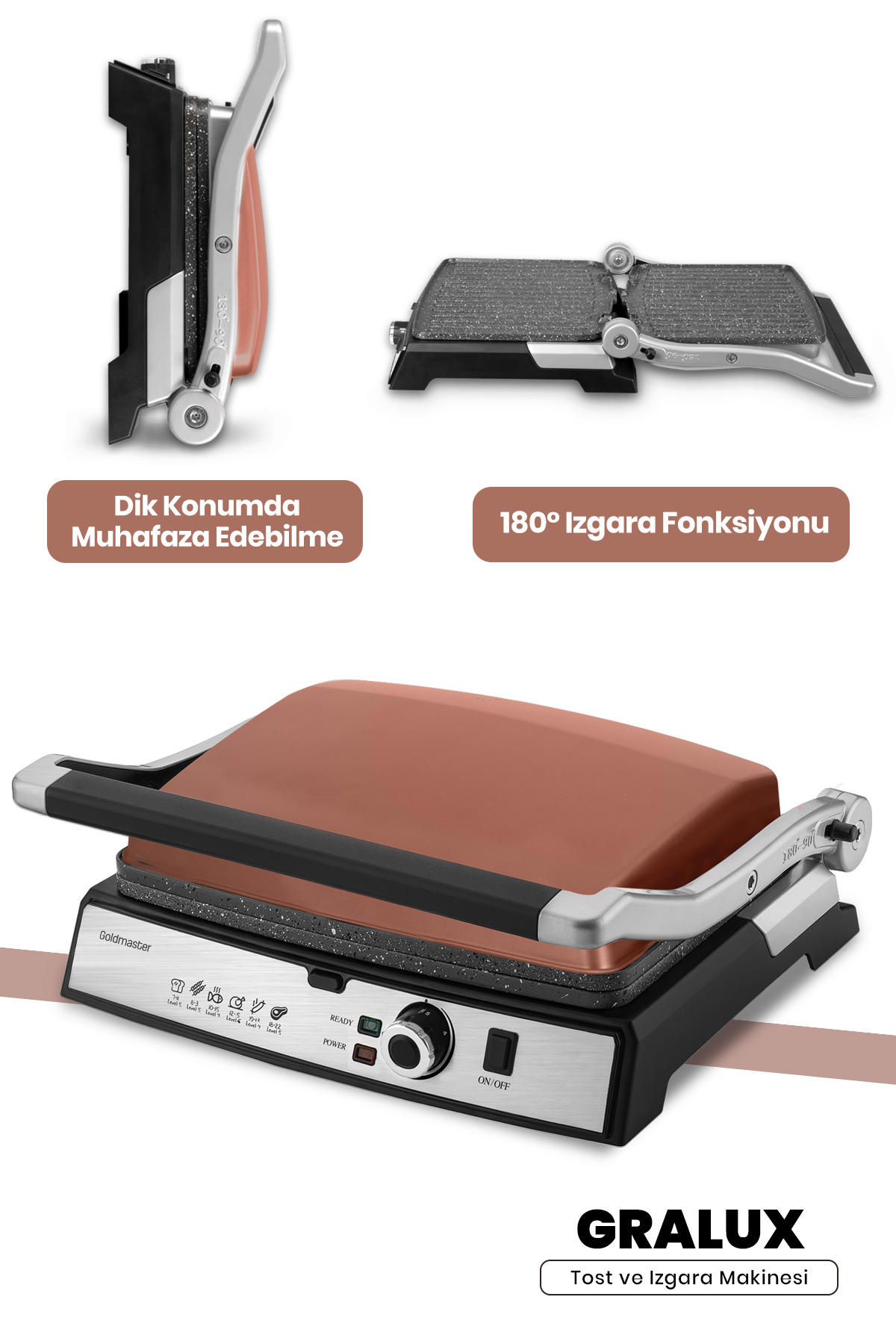 Goldmaster Gralux 6 Dilim Granit Çıkarılabilir Plaka 2000 W Izgara Rose Gold Tost Makinesi