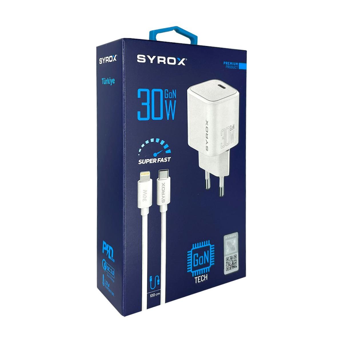 Syrox iPhone Lightning - Type-C Kablolu 30 W Hızlı Şarj Aleti Beyaz