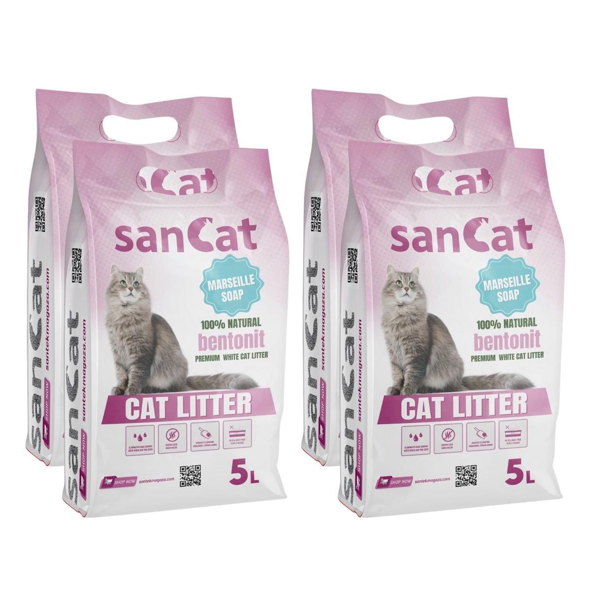 Sancat Marsilya Sabunu Kokulu Topaklanan İnce Taneli Bentonit Kedi Kumu 4 x 5 lt