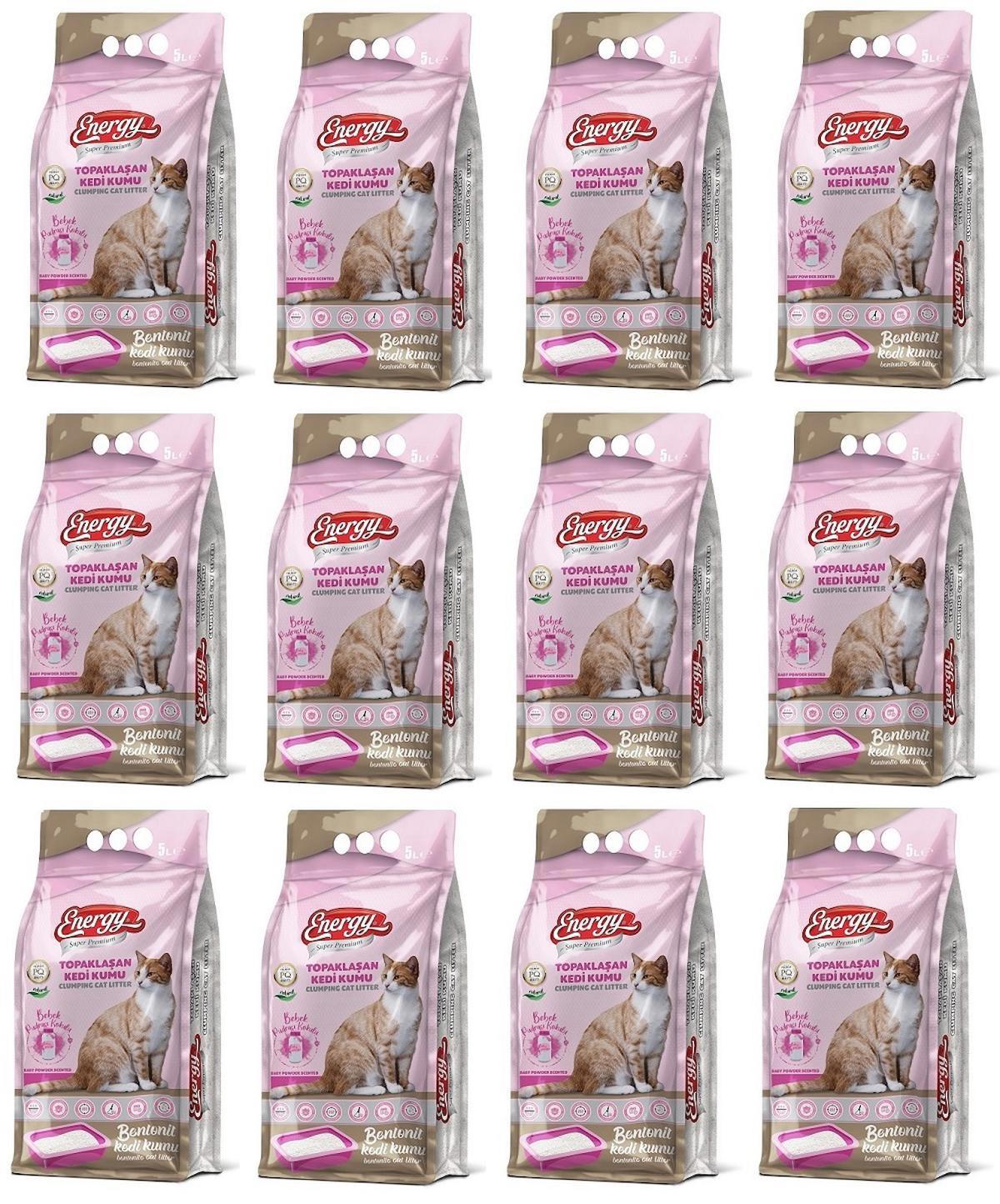Energy Bebek Pudralı Topaklanan İnce Taneli Bentonit Kedi Kumu 12 x 5 lt