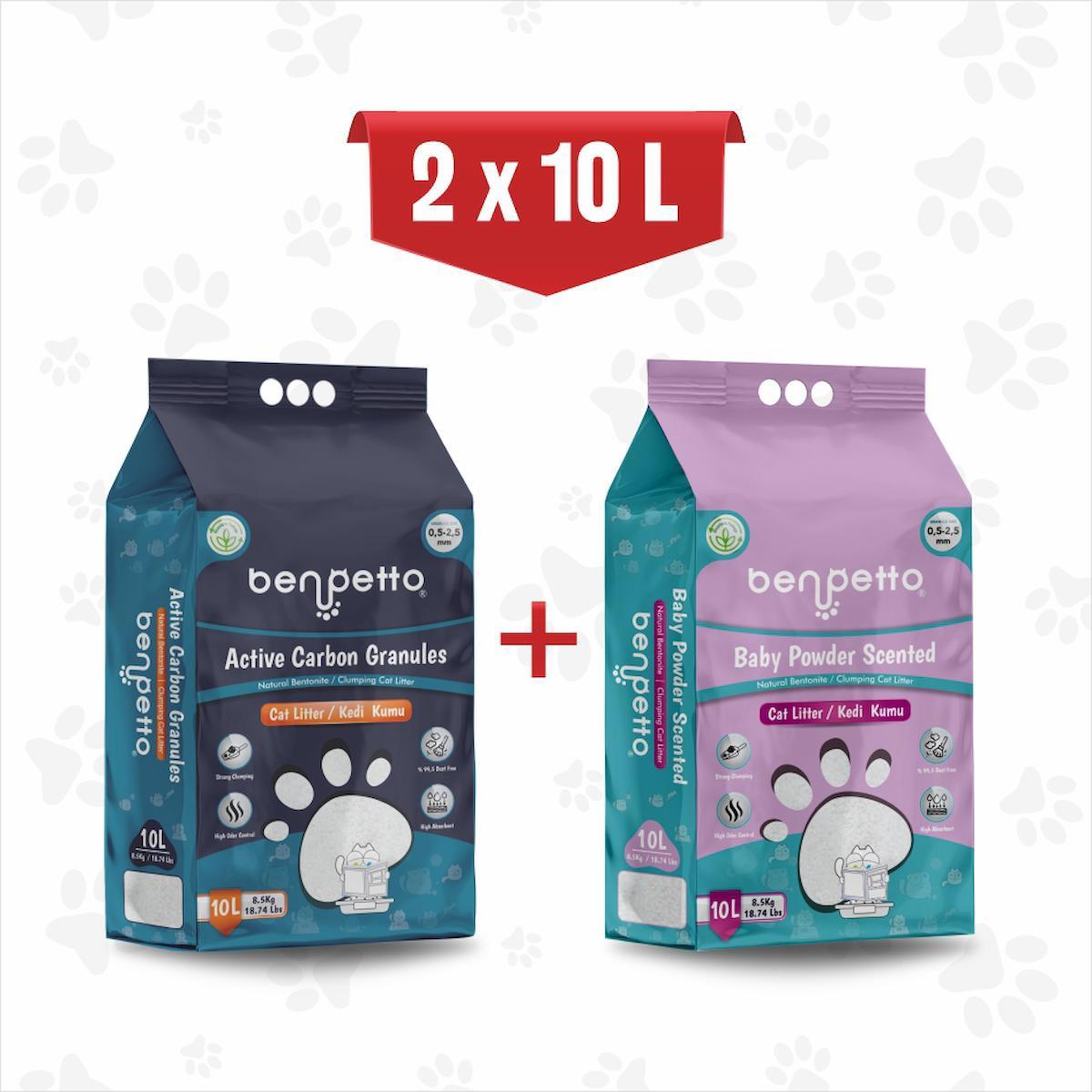Benpetto Bebek Pudralı Topaklanan İnce Taneli Aktif Karbonlu Bentonit Kedi Kumu 2 x 10 lt