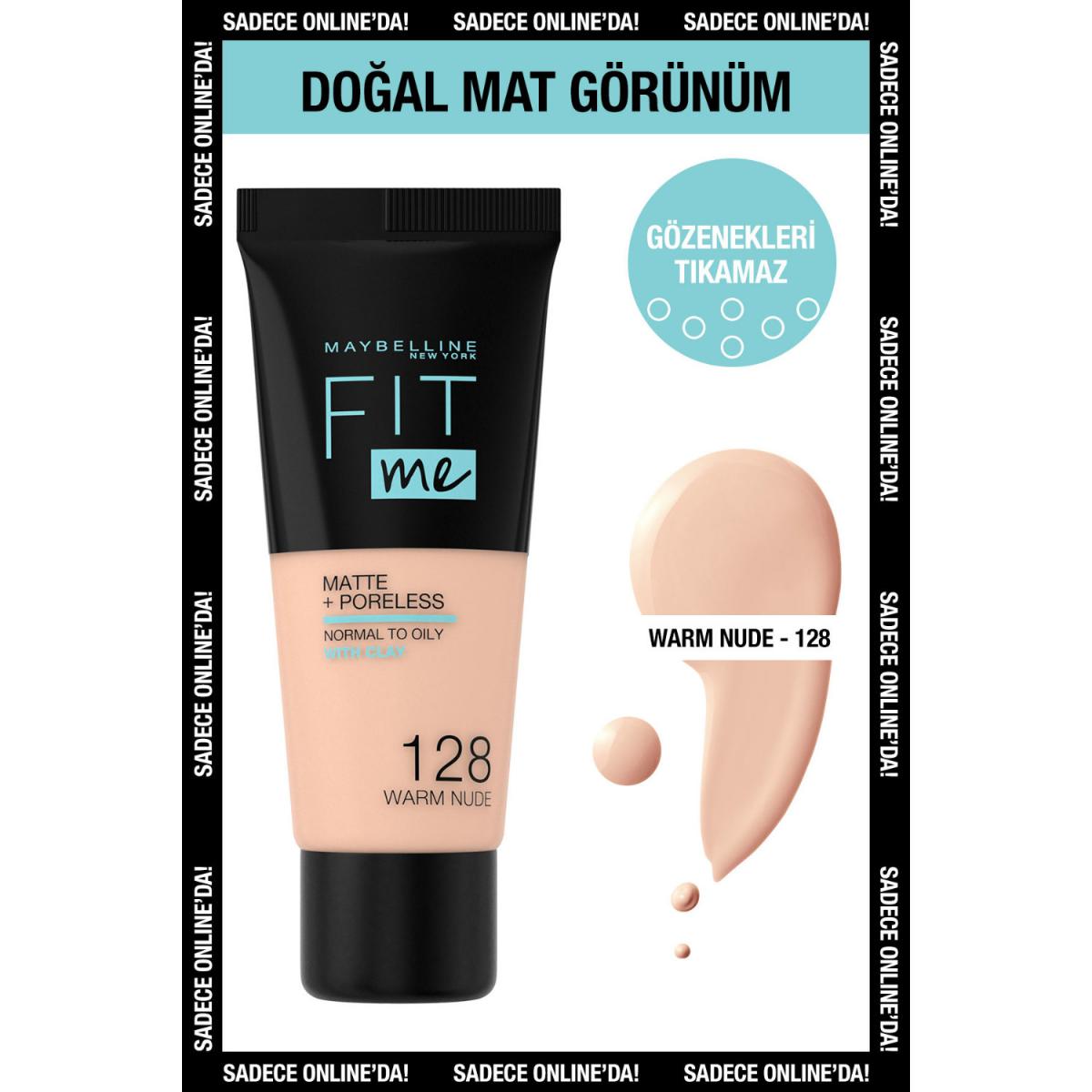 Maybelline New York Fit Me Matte + Poreless 128 Warm Nude Likit Tüp Fondöten 30 ml