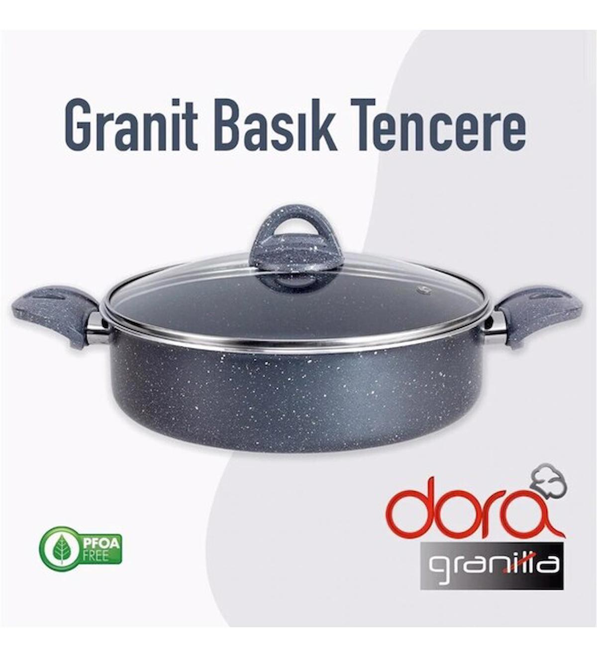 Aldora Granit Cam Kapaklı 26 cm Granit Basık Tencere