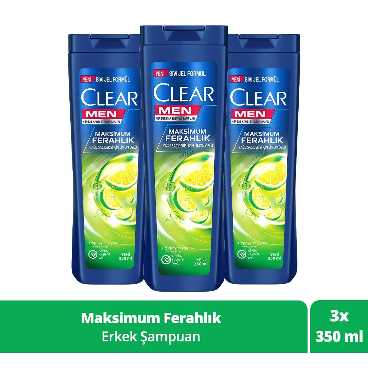 Clear Men Maksimum Ferahlık Kepek Karşıtı Yağlı Saçlar İçin Şampuan 3x350 ml