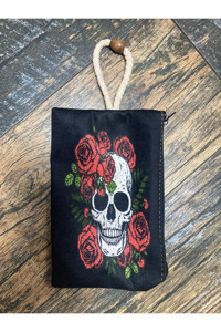 Street Bag Çok Renkli Güllü Kuru Kafa Desenli Tekstil Makyaj Çantası