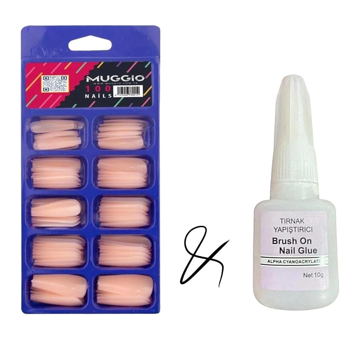 Muggio Parlak 100'lü Oval Açık Pembe Takma Tırnak + Tırnak Yapıştırıcısı 10g