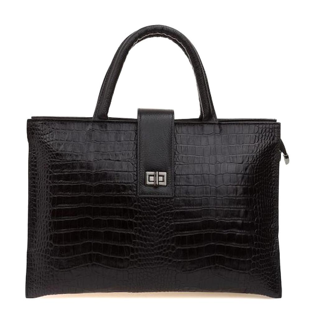Bilik Deri Kroko Klasik Deri Laptop El Çantası Siyah