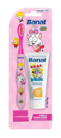 Banat Kral Şakir Yumuşak U Manuel Çocuk Diş Fırçası Pembe + Diş Macunu 25 ml