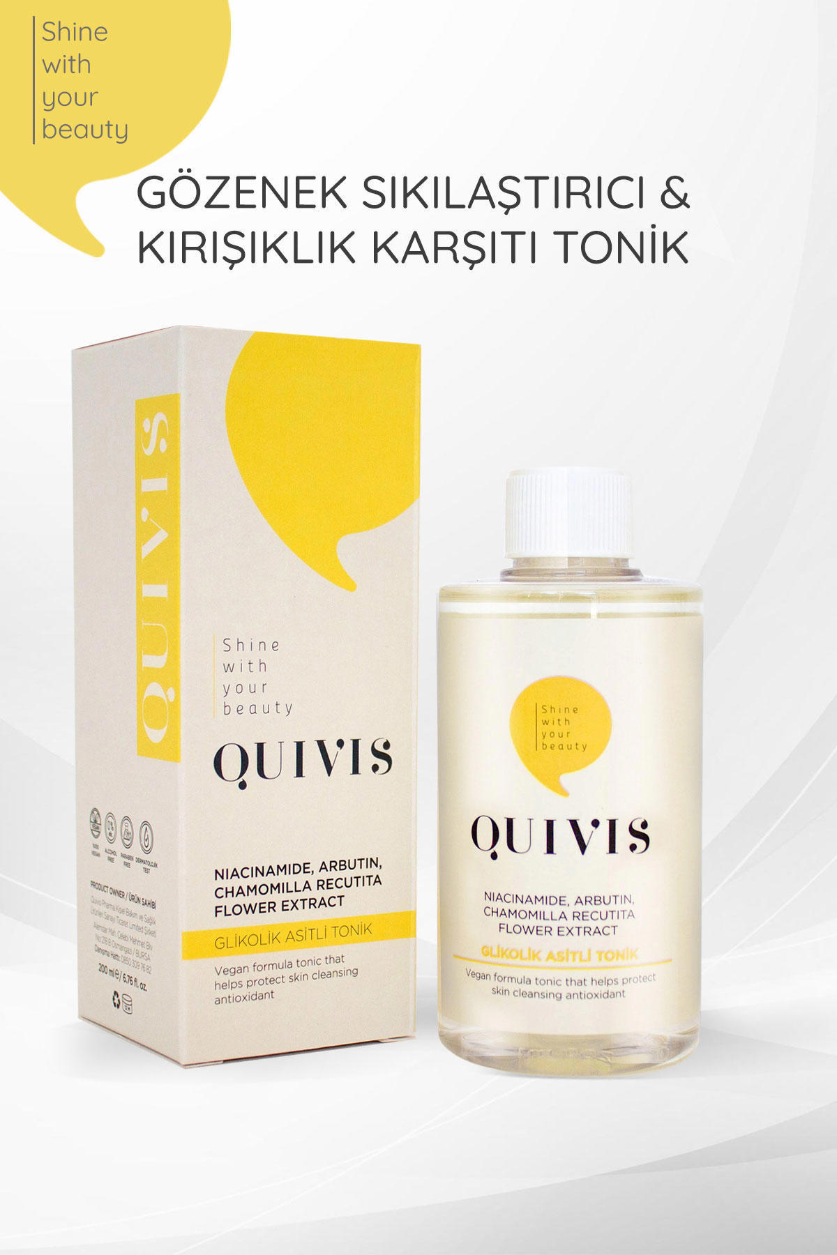 Quivis Gözenek Sıkılaştırıcı ve Aydınlatıcı Etkili Kırışıklık Karşıtı Beyazlatıcı Glikolik Asit Yüz Toniği 200 ml