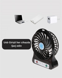 Mini Vantilatör Masaüstü – USB Girişli Şarjlı 3 Kademe Sessiz Motor Işıklı