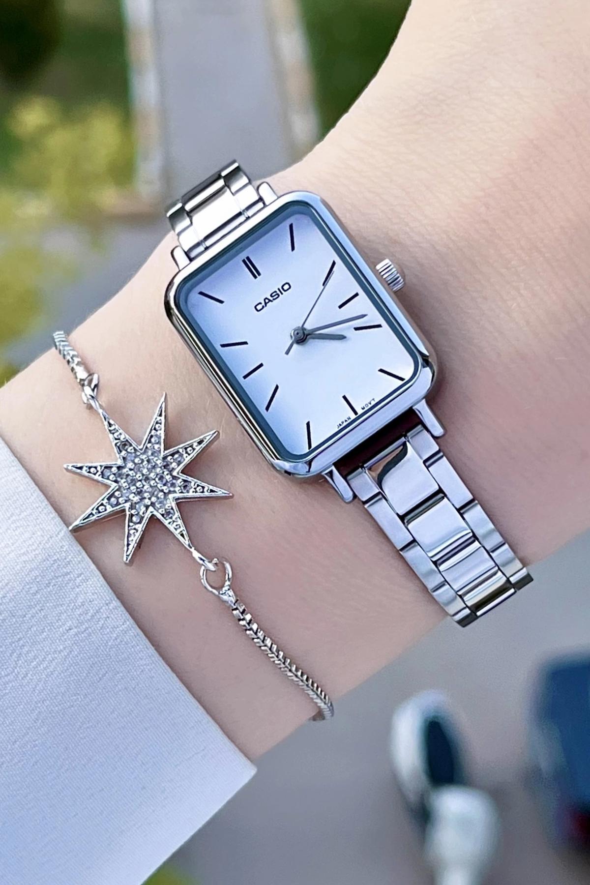 Casio CSISTE75 Kadranı Beyaz Kordonu Gümüş Renk Hediye Paketli Kadın Kol Saati ve Bileklik