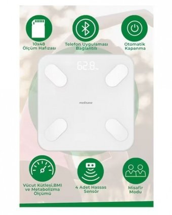 Medisana 99379 Yağ Ölçen Vücut Analizi Yapan Bluetoothlu Kas Ölçen Bambu Dijital Akıllı Tartı