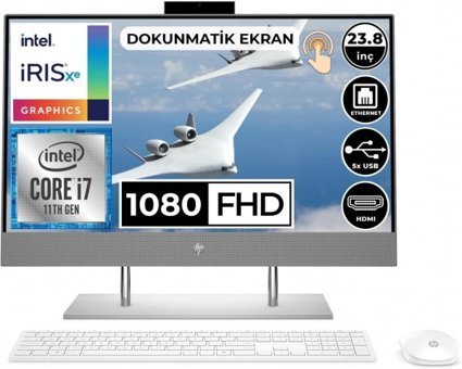 HP 24-dp1021nt 68B96EA Dahili Iris Xe Graphics Ekran Kartlı Intel Core i7 1165G7 16 GB Ram DDR4 512 GB SSD 23.8 inç Full HD FreeDos Dokunmatik All in One Bilgisayar