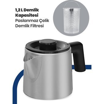 Goldmaster Akasya Çelik Demlikli 2200 W Işıklı Çelik Gövdeli Antrasit Çay Makinesi