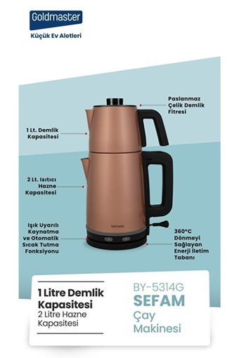 Goldmaster Sefam By-5314 Çelik Demlikli 2200 W Çelik Gövdeli Rose Gold Vintage Çay Makinesi