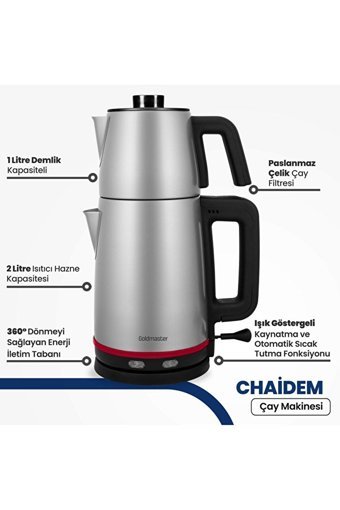 Goldmaster Chaidem BY5316 Çelik Demlikli 2200 W Çelik Gövdeli İnox Vintage Çay Makinesi