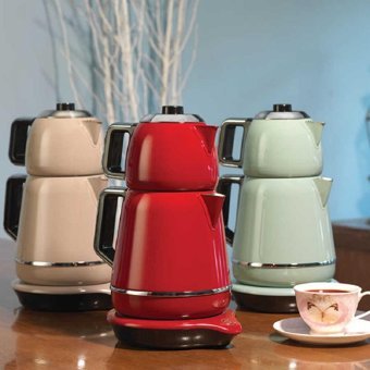 Korkmaz A332 Çelik Demlikli 2000 W Çelik Gövdeli Kırmızı Vintage Çay Makinesi