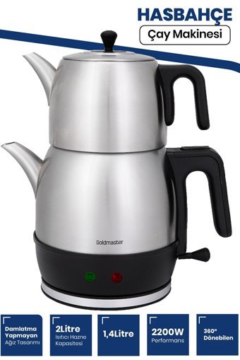 Goldmaster IN-6331 Hasbahçe XL Çelik Demlikli 1900 W Çelik Gövdeli İnox Vintage Çay Makinesi