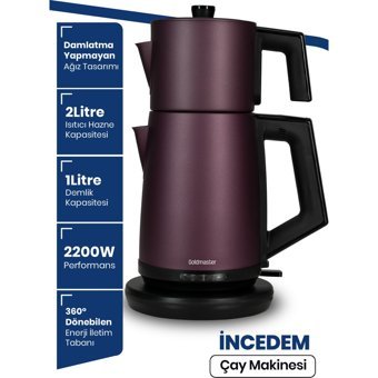 GoldMaster IN 6306MA Çelik Demlikli 2200 W Çelik Gövdeli Mat Mor Çay Makinesi