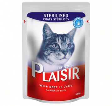 Plaisir Sterilised Pouch Kısırlaştırılmış Sığır Etli Soslu Yetişkin Yaş Kedi Maması 100 gr