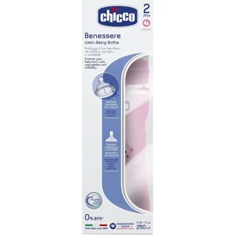 Chicco Well-Being Polipropilen Gaz Yapmayan Antikolik Orta Akışlı Kulpsuz 2+ Ay Desenli Renkli Yuvarlak Uçlu Bebek Biberon 250 ml