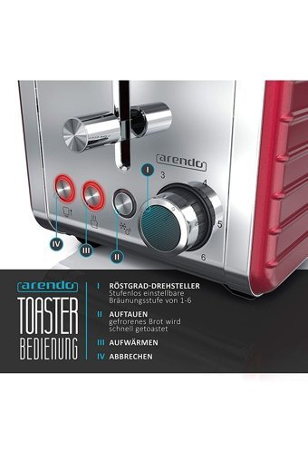 Arendo 303264 4 Dilim Kırıntı Tepsili Akıllı 1500 W Kırmızı Vintage Ekmek Kızartma Makinesi