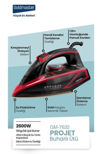 Goldmaster Projet 2600 W Seramik Tabanlı Yatay Şok Buharlı Ütü