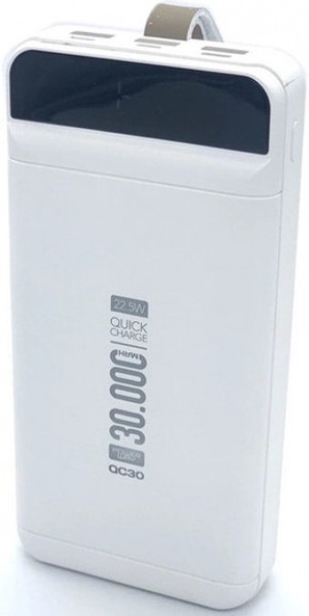 Powerway QC30 30000 mAh Hızlı Şarj Işıklı Dijital Göstergeli Lightning Çoklu Kablolu Powerbank Beyaz