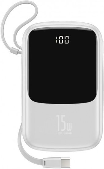 Baseus Q Pow 10000 mAh Hızlı Şarj Dijital Göstergeli Lightning Çoklu Kablolu Powerbank Beyaz