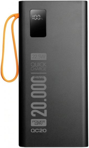 Powerway QC20 20000 mAh Hızlı Şarj Işıklı USB & Type C Çoklu Kablolu Powerbank Siyah