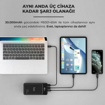Bix PB301 30000 mAh Hızlı Şarj Dijital Göstergeli USB & Type C Çoklu Kablolu Powerbank