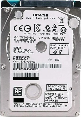 Hitachi Z5K320 HTS725050A7E630 500 GB 2.5 İnç 7200 RPM 32 MB SATA 3.0 Laptop Harddisk