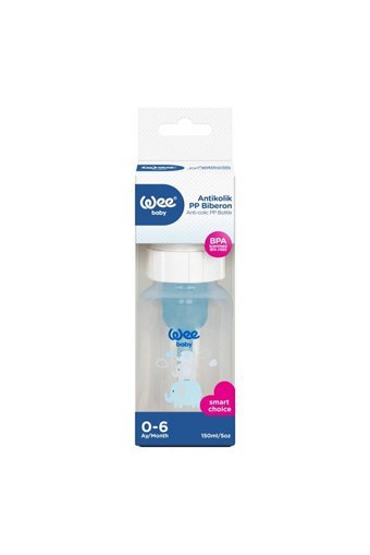 Wee Baby 780827 Polipropilen Gaz Yapmayan Antikolik Yenidoğan Yavaş Akışlı Kulpsuz 0-6 Ay Desenli Mavi Yuvarlak Uçlu Bebek Biberon 150 ml